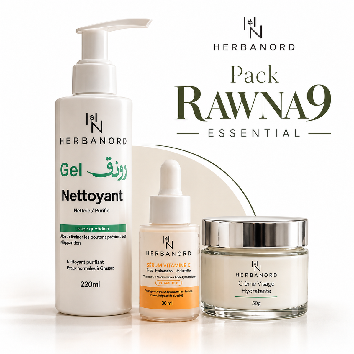 Pack Ronaq Essentiel — Routine Éclat Quotidienne : Nettoyant, Sérum Vitamine C & Crème Hydratante
